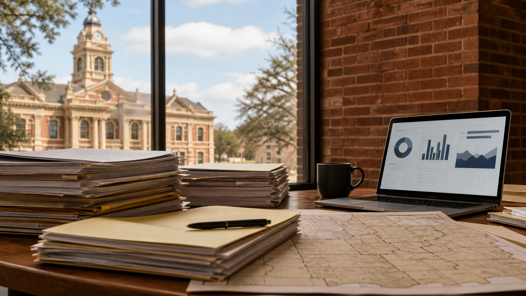 Editorial civic research desk with public-record files